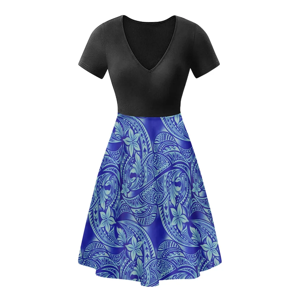 

Sexy Beach Summer Dress Polynesian Tribal Clothing Samoan Fijian Plumeria Print Short Sleeve V Neck Pockets Dresses Casual Wear