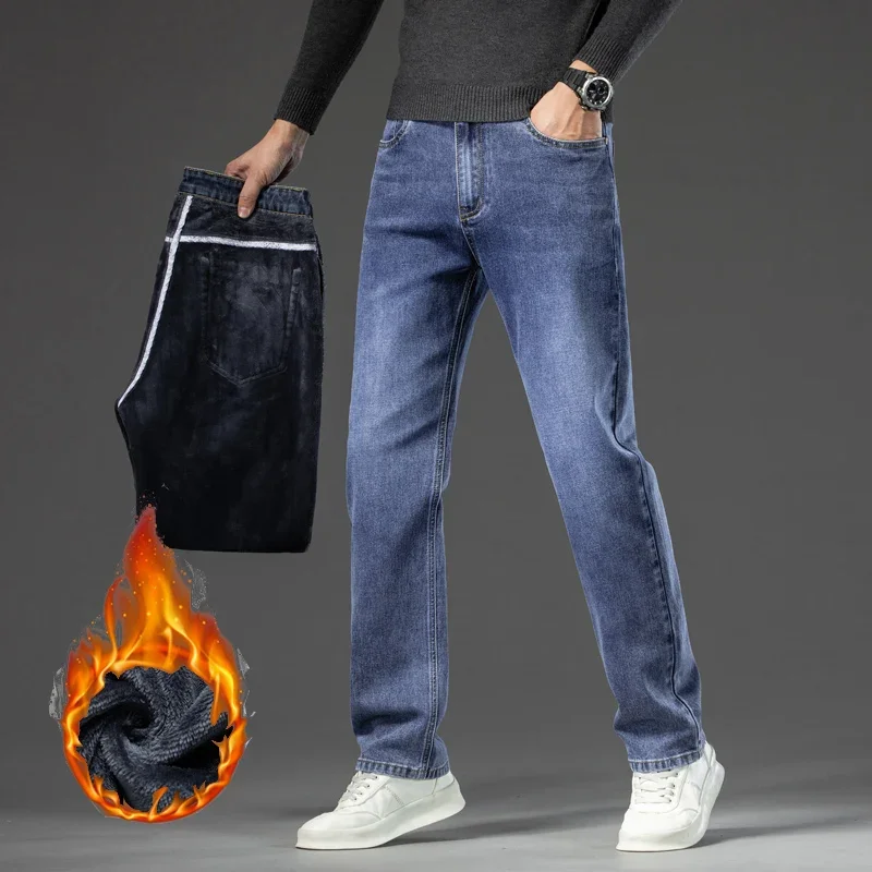 Winter Men Warm Flannel Stretch Straight Jeans Casual Fleece Baggy Pants Classic Plus Size Denim Trousers Male Brand Clothing 5