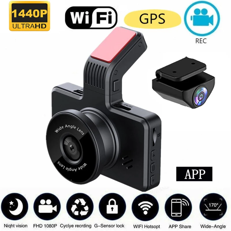 Dash Cam WiFi GPS Car DVR Rear Camera 2K HD 1440P Drive Video