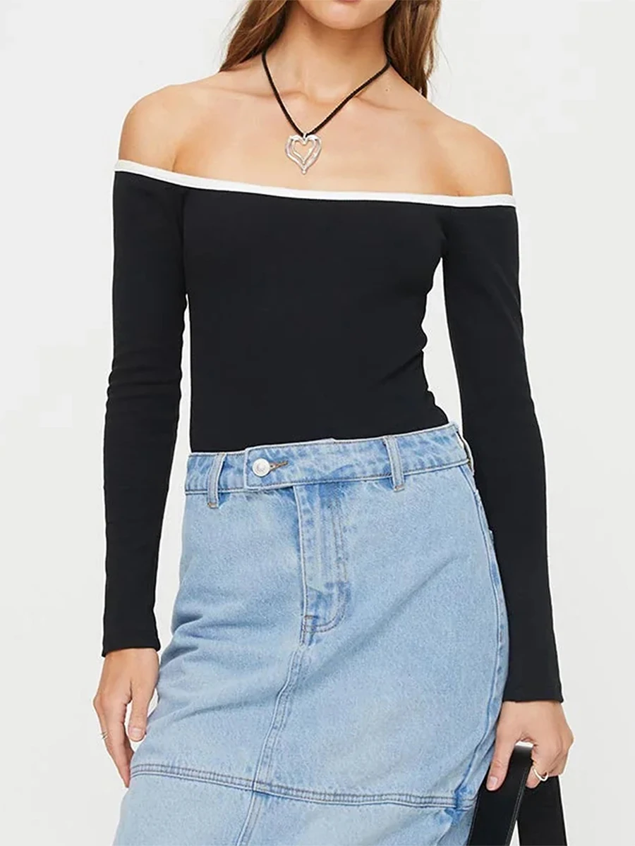 

Женские укороченные топы с открытыми плечами, футболки контрастных цветов с длинным рукавом и вырезом лодочкой, приталенные безвредные для кожи футболки размера S, M, L