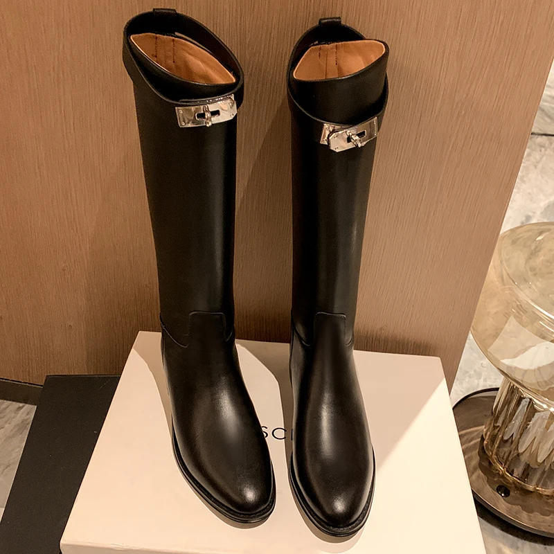 Mid Calf Women's High Boots Slip On Trendy Winter Boots With Charms Woman Shoes Spring Autumn Daily Riding Equestrian platform boots women boots