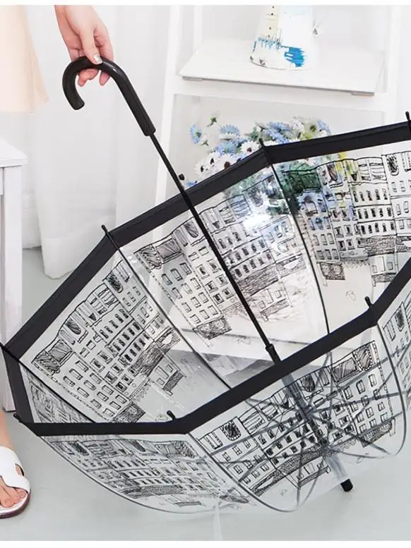 Transparent Long-Handled Auatic Umbrella Briti Sle Architecture Creative Retro Sunny Rain Umbrella for Women Home Use