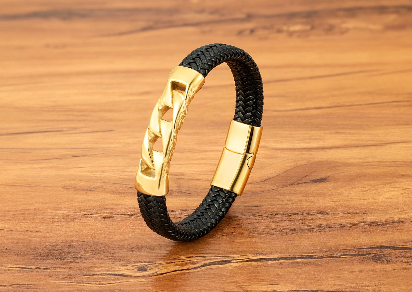 TYO Herren-Armbänder aus Edelstahl, Gold und Stahl, echtes Ledermaterial, Nischen- und minimalistisches Design, Geschenk für Männer – Detail 3