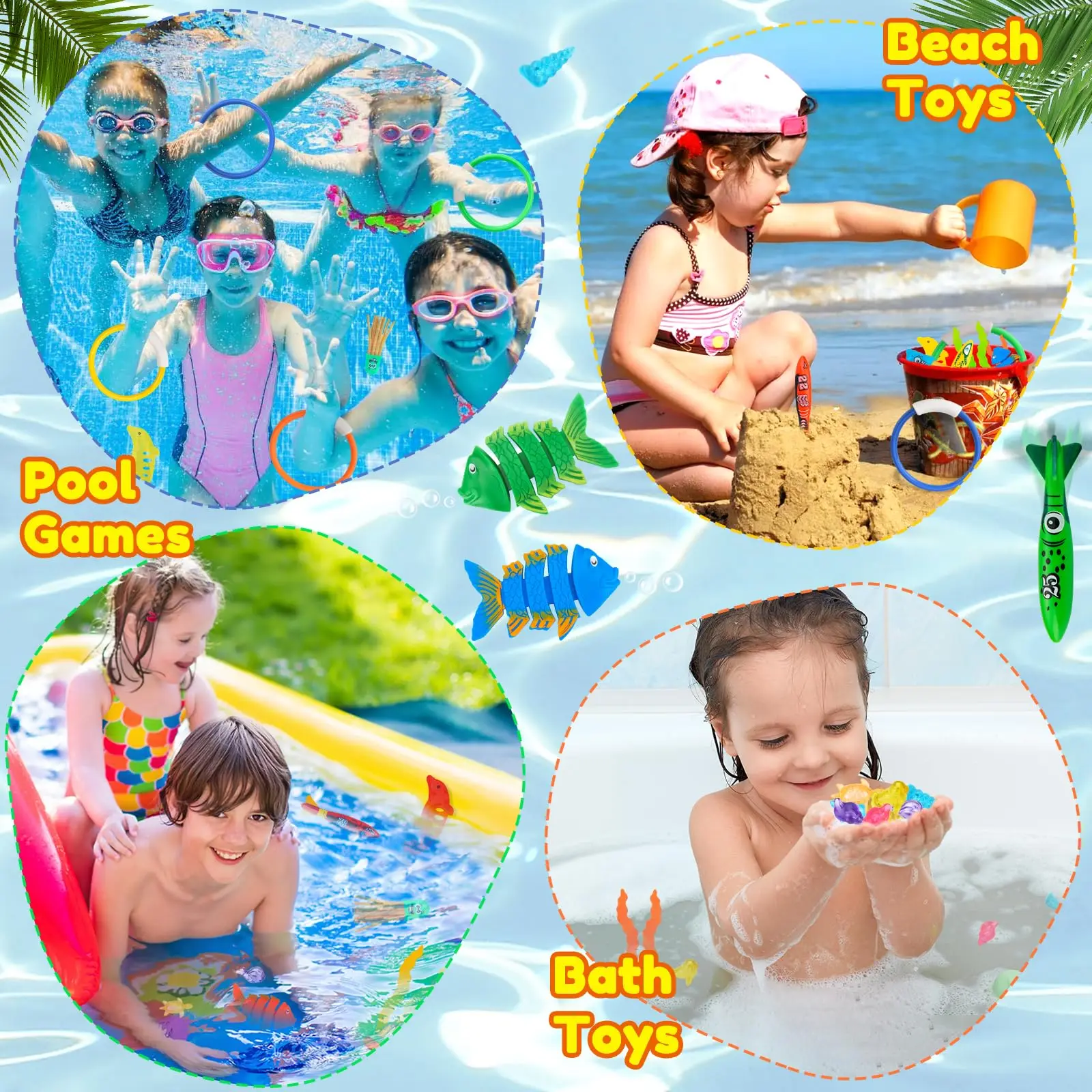 28Pcs Pool Diving Swim Toys Colorful Underwater Training Sinking Dive Toy With Mesh Bag for Kids Summer Swimming Party Pool Game
