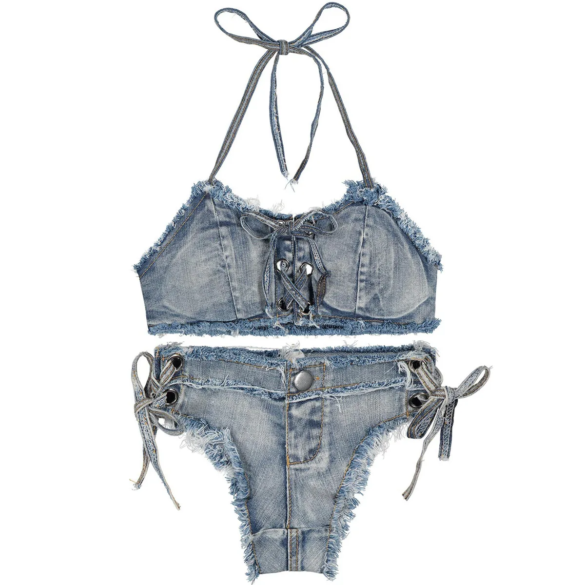

Women's Denim Bikini Set Summer New bandage Jeans Shorts and Bra for Beach Play and Bar Nightclub Performance