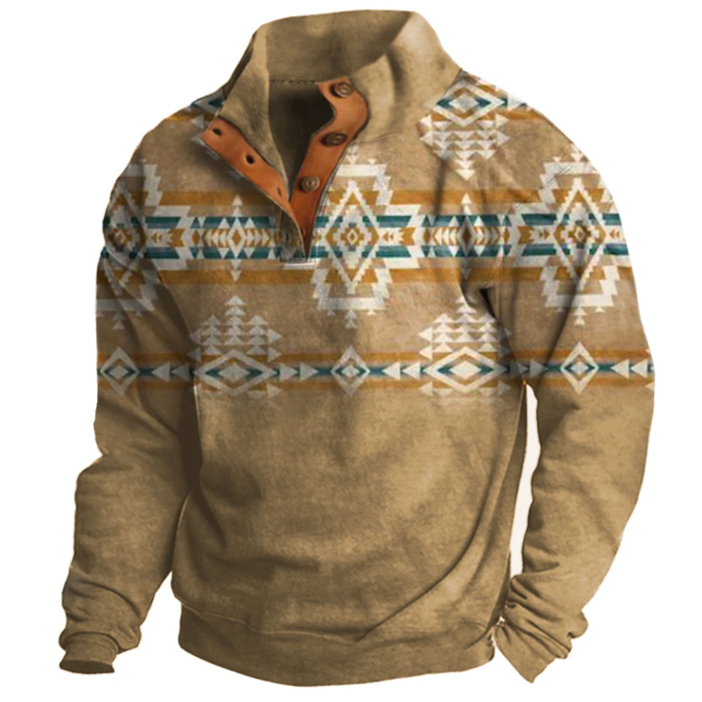 

Retro Print Sweatshirts for Men Stand Collar Activewear Tops Long Sleeve Jumper Loose Fit Pullover Khaki Green Blue Grey