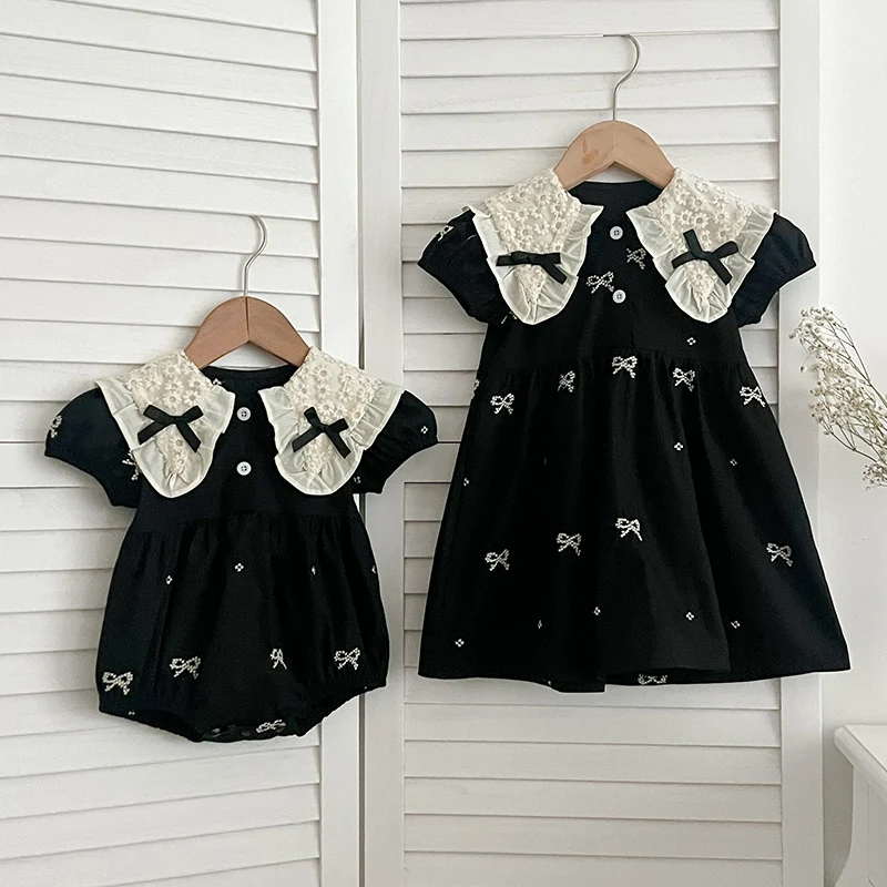 

2024 New Summer Kids Party Dress Girls Princess Dress Short Sleeved Cotton Embroidery Toddler Baby Bodysuits Sisters Clothes