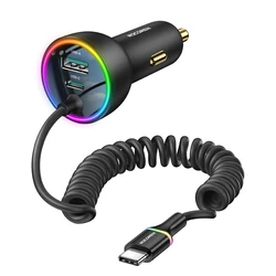 High - Power USB Type - C Car Battery Charger with Spring Cable - Fast Charging Station - Black