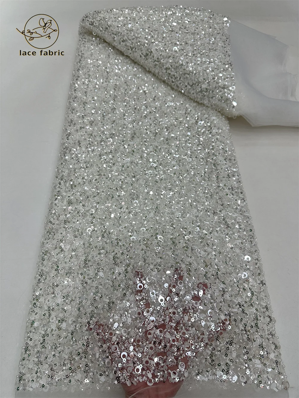 

White Luxury African Sequins Lace Fabric High Quality 2024 Handmade Sequins Embroidery French Tulle Lace Nigerian Wedding Dress