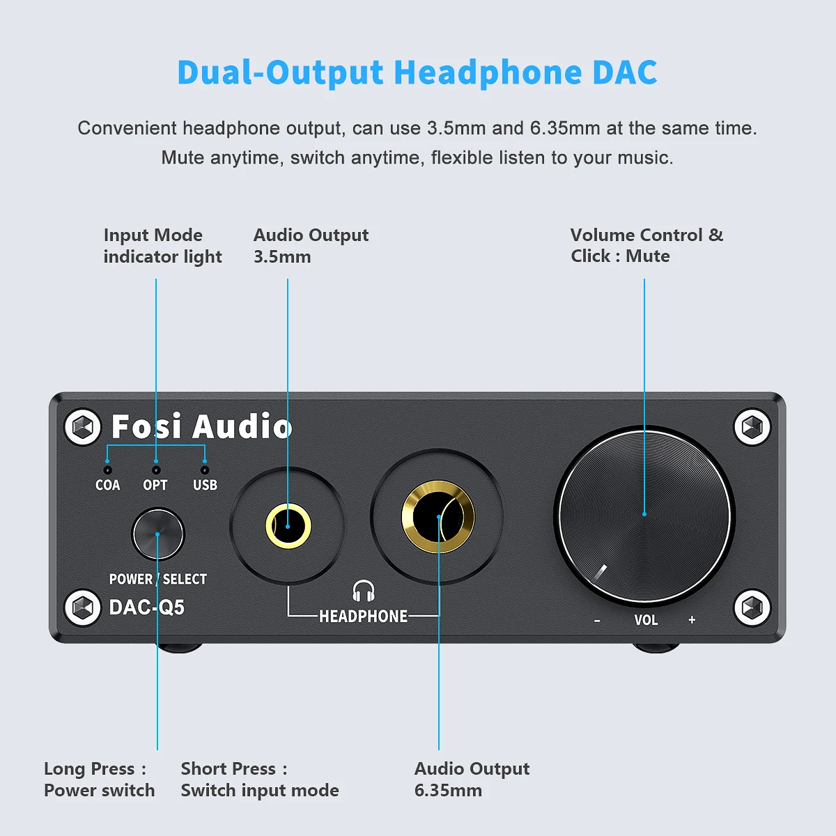 Fosi Audio Q5 DAC Converter USB Digital-to-Analog Adapter ESS9018K2M Decoder & Headphone Amplifier & Mini Stereo Preamplifier 2