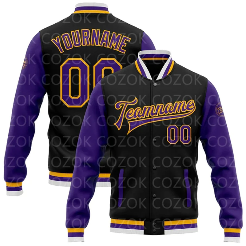 Custom Dark Purple Colour 3D Printed Baseball Button Jacket Bomber Full-Snap Varsity Letterman Jacket
