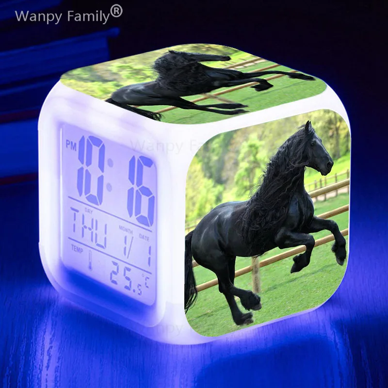 Black Horse Alarm Clock 7 Color Glowing LED Digital Table Kids Room Multifunctional Luminous Watches Birthday Gifts | Дом и сад