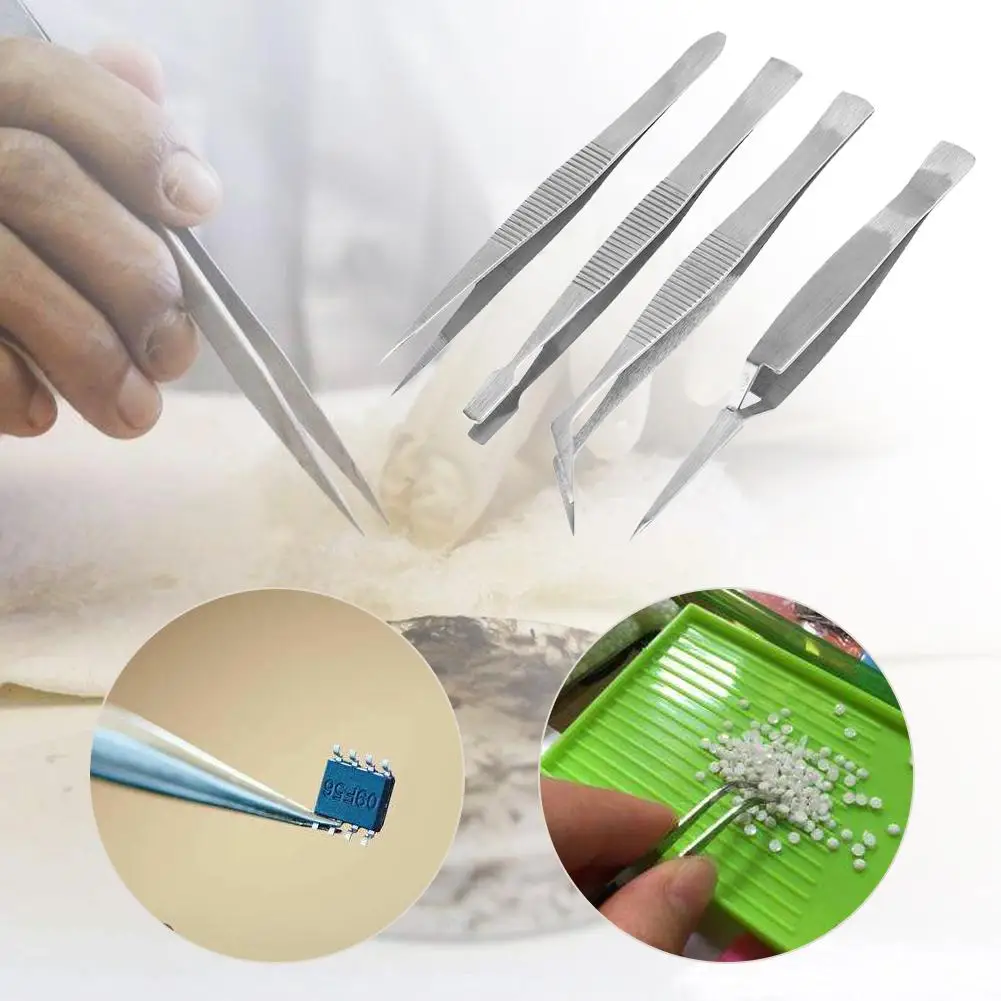 4pcs Professional Stainless Steel Tweezers Tweezers Pointed Elbow Flat Cross Craft Kraft Sewing Repair Tool