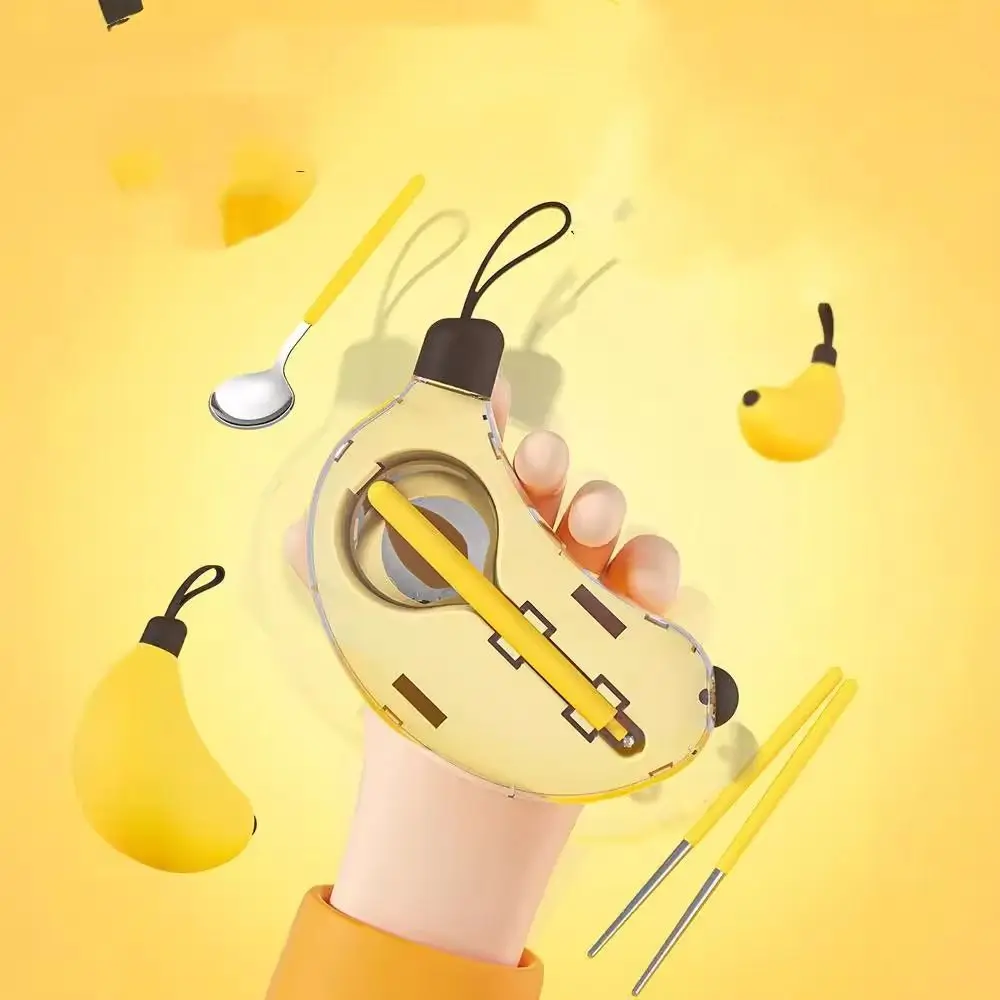 Portable Cartoon Banana Cutlery Set Mini Cute Spoon Chopsticks Set Snap Silent 304 Stainless Steel Travel Flatware Outdoor