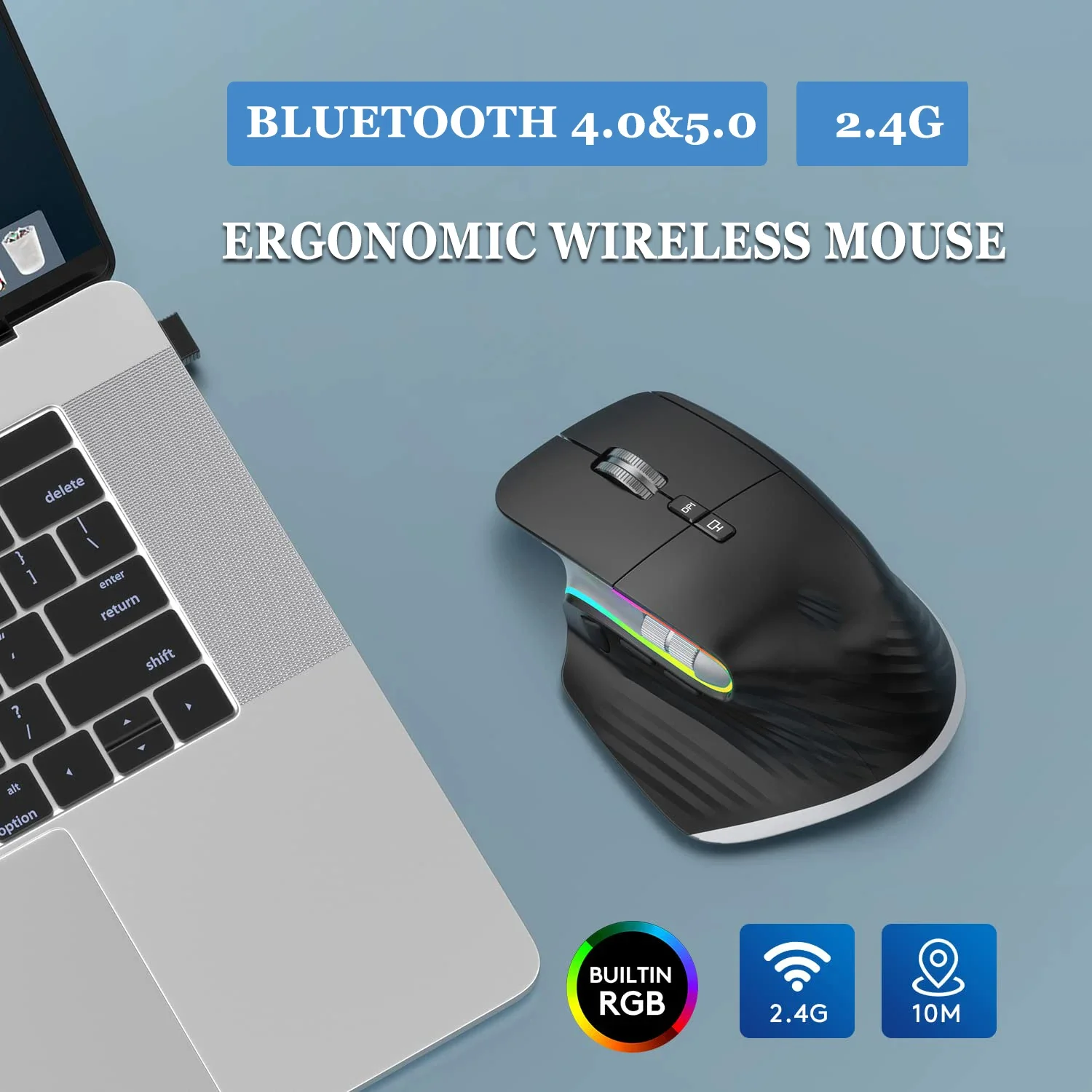 Mouse sem Fio Bluetooth Tri-mode Gaming 2.4g Mute Ergonômico Usb-c Rgb Recarregável 5dpi Laptop pc Tablet Macbook - Imagem 6