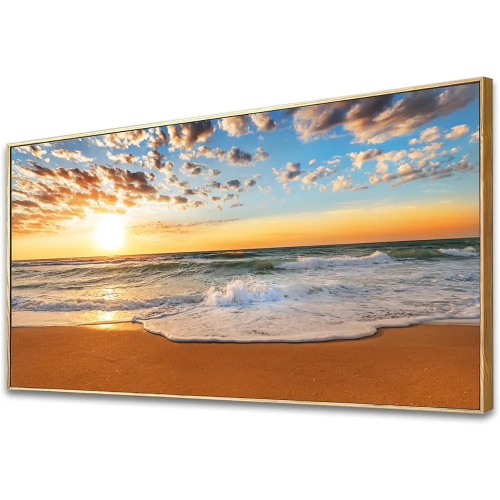 

Wall Art Decor Large Canvas Beautiful Sunset Panel Ocean Beach Waves Scenery Painting Artwork Brown Framed to Hang Artwork