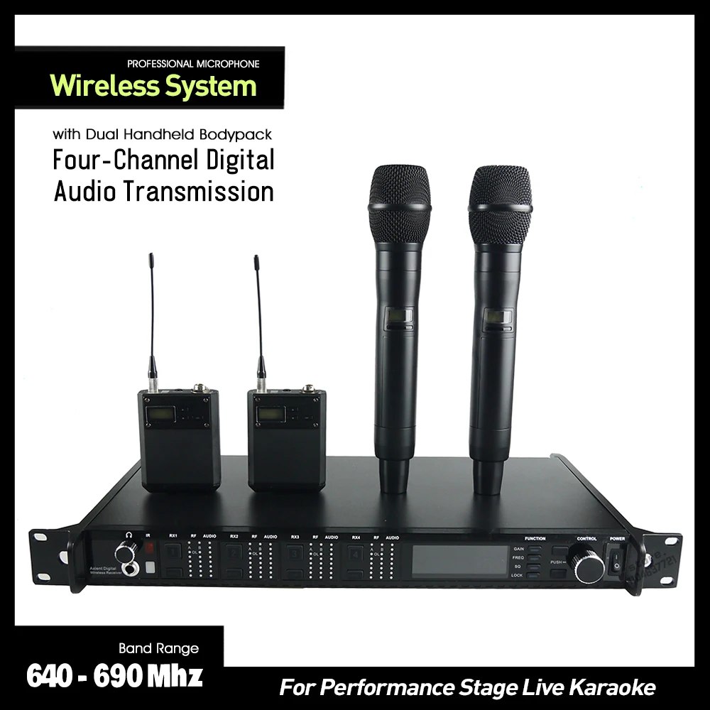 AD4Q Wireless Microphone Four Channel Digital Audio System with Dual Handheld Bodypack Transmitter For Live Vocal Stage Karaoke