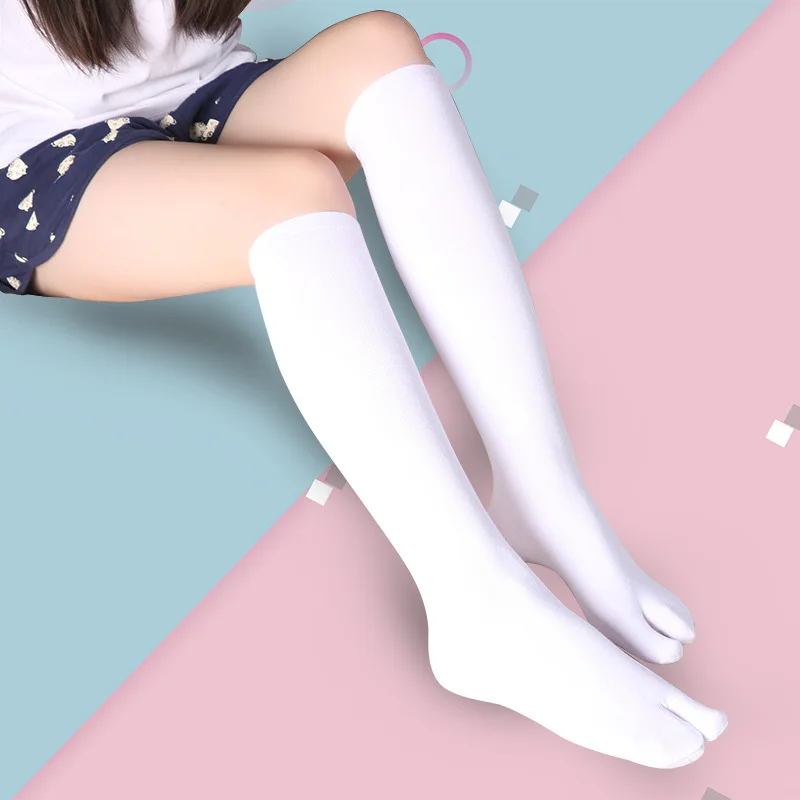 3 Pairs Long 2 Toe Tabi Socks Solid Black White Cotton Warm Stockings Woman Japanese Style Striped Calf High Kimono Clogs Socks