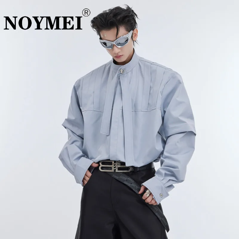 

NOYMEI Pleated Long Sleeved Ribbon Design Niche Deconstruction Shirt Loose Men's Stand Collar Cardigan 2024 Spring New WA4049