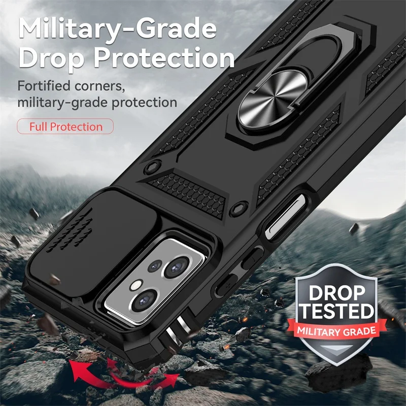 Durable Shockproof Case with Slide Lens Protector and Ring Stand Holder