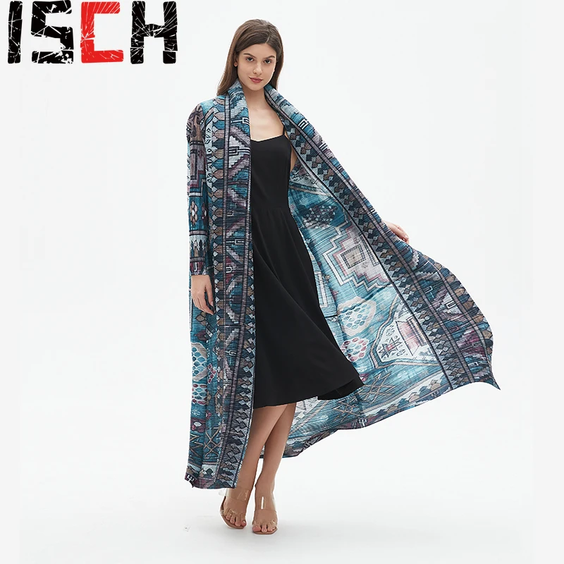 

Miyake Pleated Original Printed Robe 2024 Spring Summer New Tribal Wind Personality Long Windbreaker Fashion Casual Loose Cape