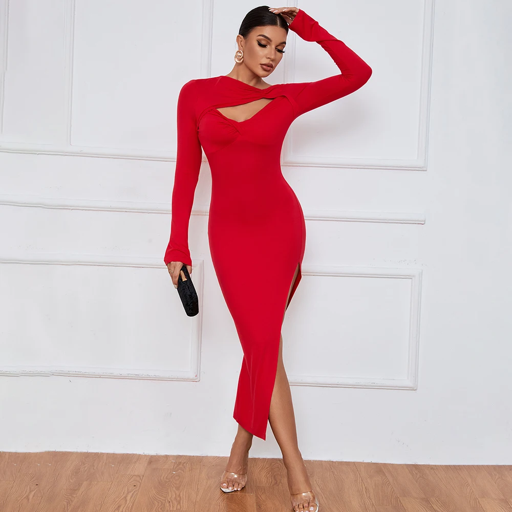 Autumn New Style Chest Hollow Out Twisted Slim Long Sleeved Dress Sexy High Slit Temperament Dress for Women 54