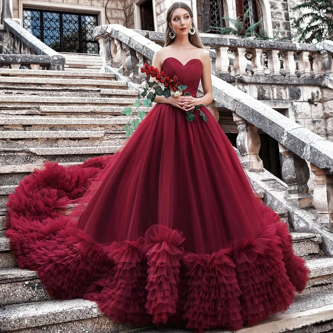 

Burgundy Elegant Evening Dress Floor Length Sweetheart Sleeveless Pleat Tulle Formal Occasion Ball Gown Vestidos De Fiesta