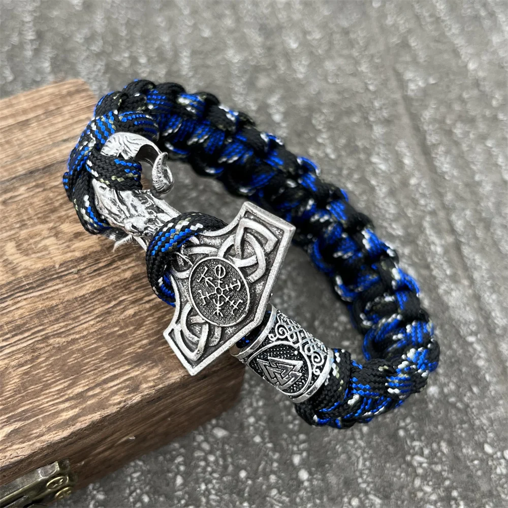Mens Wicca Capra Ram Thor Hammer Mjolnir Paracord Gioielli Fatti A Mano Bracciale Vichingo