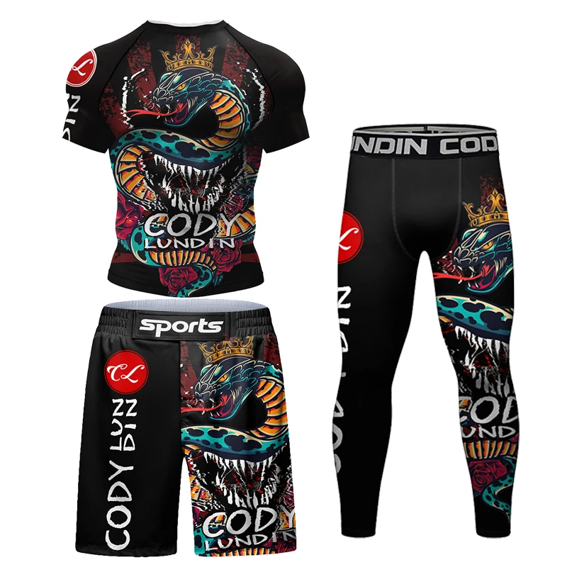 Sports apparel Mens T-shirt + Pant Set Muay Thai Shorts Suit Bjj Rashguard For Men Adults Gym Competition Sport Training Combat Wear