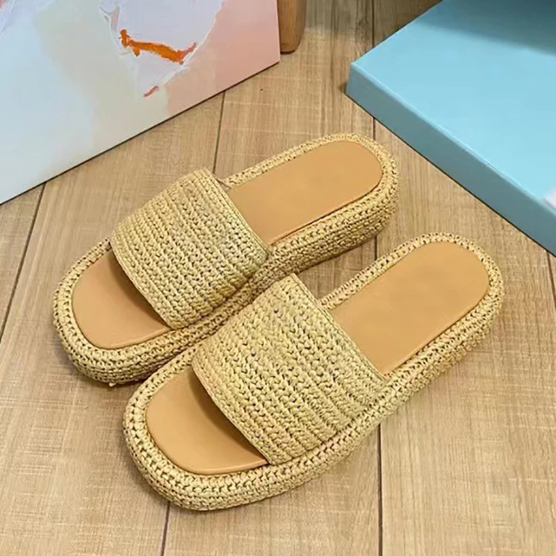 

Women Sandals Grass Rope Weaving Slippers Thick Sole Plaform Sandals Outdoor Open Toe Slides Slippers Women Flat Beach Shoes