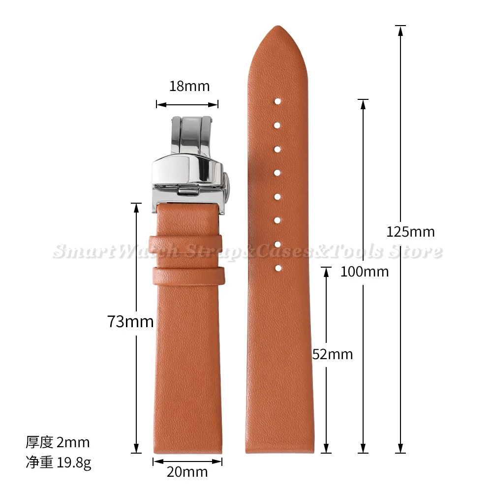 Premium Ultra-Thin Genuine Leather Watch Strap with Soft Cowhide Band and Butterfly Clasp
