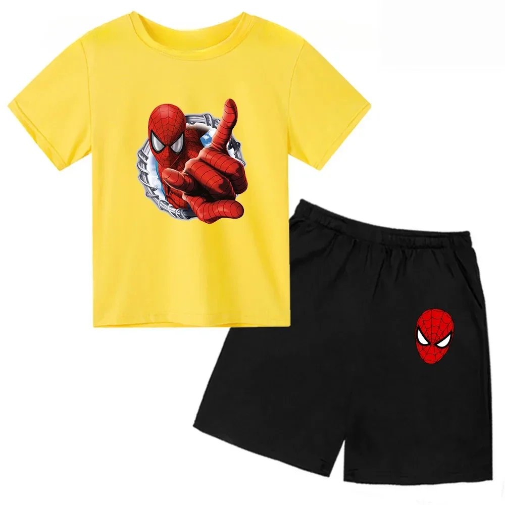 thumbnail image 1 of Conjunto de 2 piezas de camiseta y pantalones cortos con estampado de Spiderman de Marvel Avengers, ropa de verano para niños y niñas, traje informal de moda para adolescentes, 1 of 4