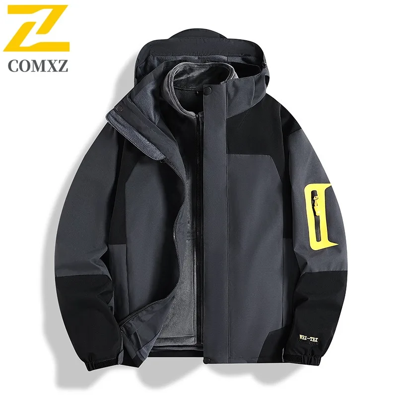 COMXZ 3 in 1 Outerwear Windproof Warm Removable Hood Outdoor Gym Jogger Coat 2025 Running High Quality Men's Windbreaker Jacket