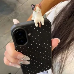 Charming Korea Polka Dot Cat 3D Shockproof Phone Case for iPhone 15 Plus (Black)