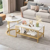 Ensemble Comanlia de 2 tables basses modernes avec pieds en métal doré, aspect marbre, table d'appoint en bois pour salon et chambre à coucher 3