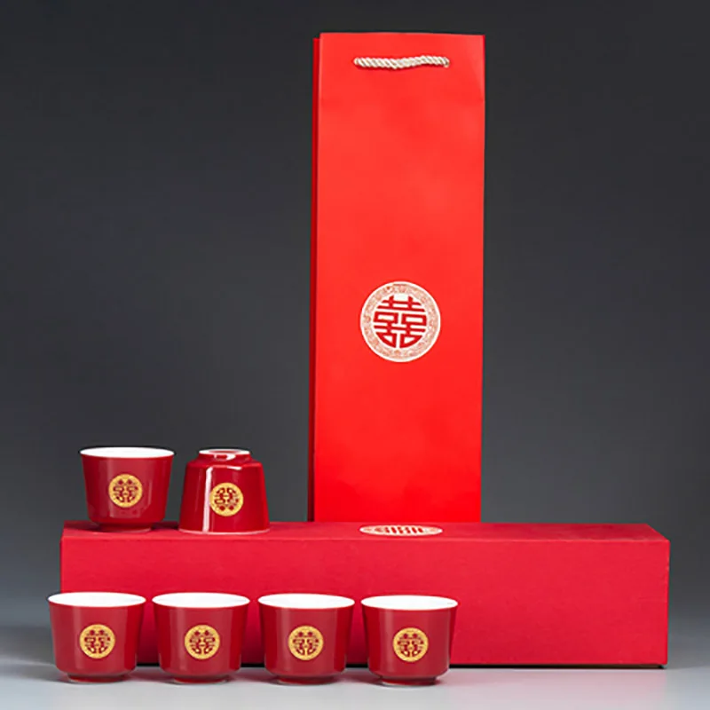 Chinese Retro Red Wedding Ceramic Teacup Tea Cup Set Porcelain Coffee Mugs Teaware Ceremony Luxury Souvenir Gifts