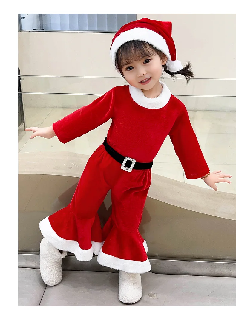 thumbnail image 3 of Vestido de Navidad para niñas, conjunto de 3 piezas, sombrero, camiseta y pantalones, juego de rol, pantalones largos acampanados, disfraz de elfo de Año Nuevo, disfraz de Papá Noel para niñas, 3 of 5