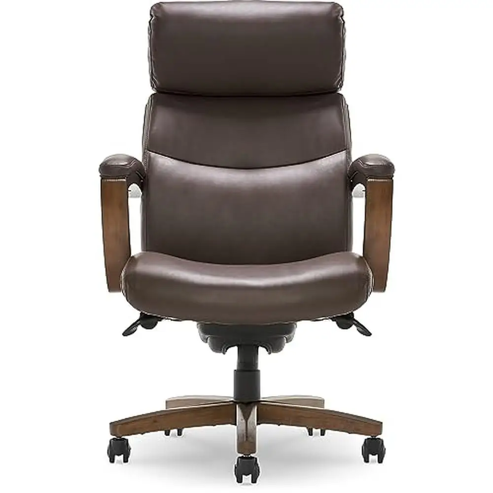 High-Back Executive Office Chair Solid Wood Arms Lumbar Support Brown Bonded Leather Ergonomic 2
