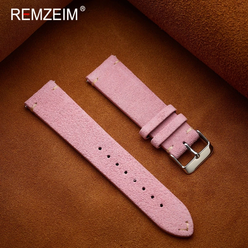 Vintage Suede Leather Watch Strap in Assorted Colors - Pink, Beige, Brown