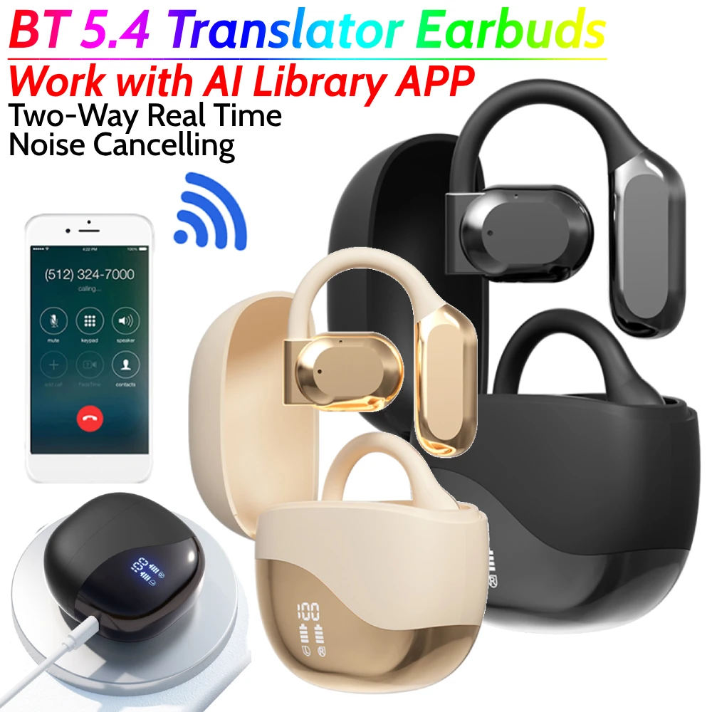 BT 5.4 Intelligent Translator Earbuds Work with AI Library APP Noise Cancelling Two-Way Real Time Translator Ear Hook for Travel