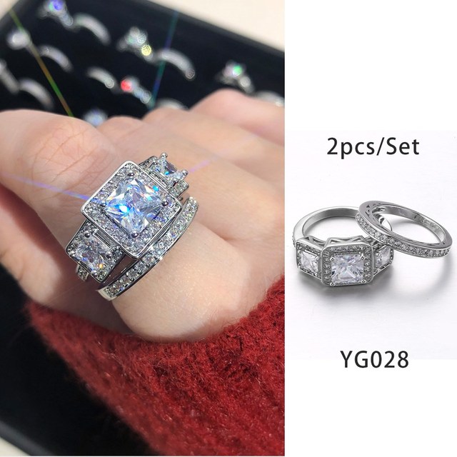 Luxury Diamond Promise Ring Set for Women Bridal Silver Color Big Zircon Proposal Marriage Wedding Cocktail Ring Jewelry