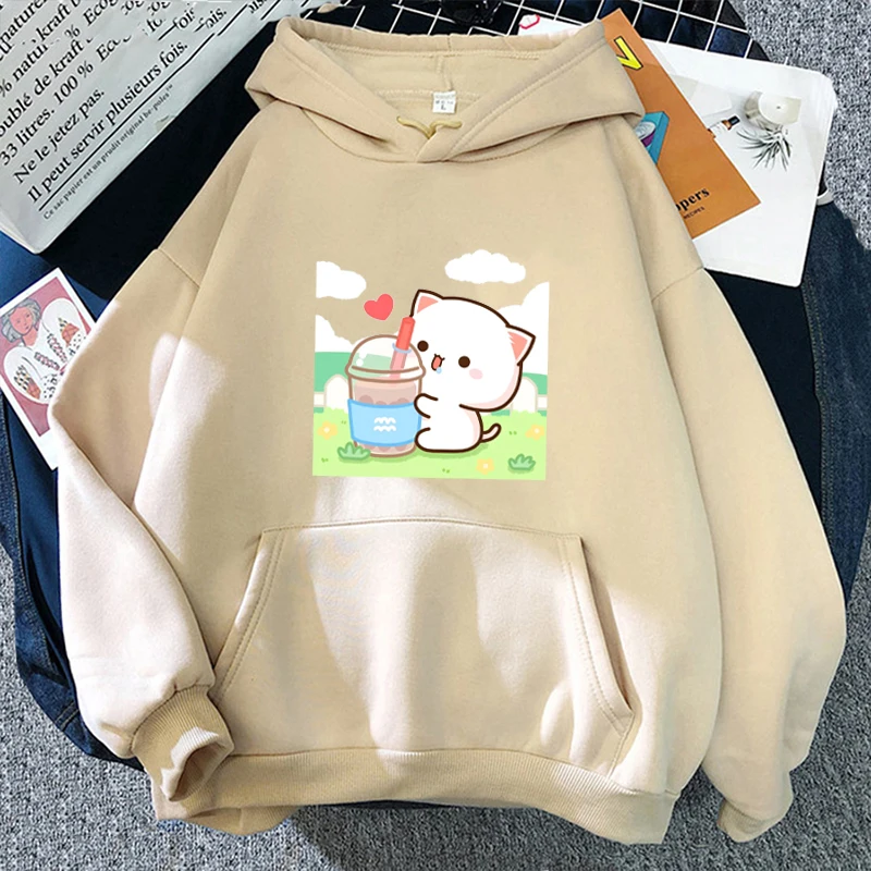 

Kawaii Peach Cat and Grey Aquarius Hoodies Cartoon Pattern Warm Winter Constellation Clothes Women Couple Printed Sportswear