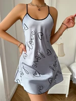 Heart Letter Print Nightdress Casual Round Neck Spaghetti Strap Sleep Dress Women's Sleepwear Dresses - Image 3