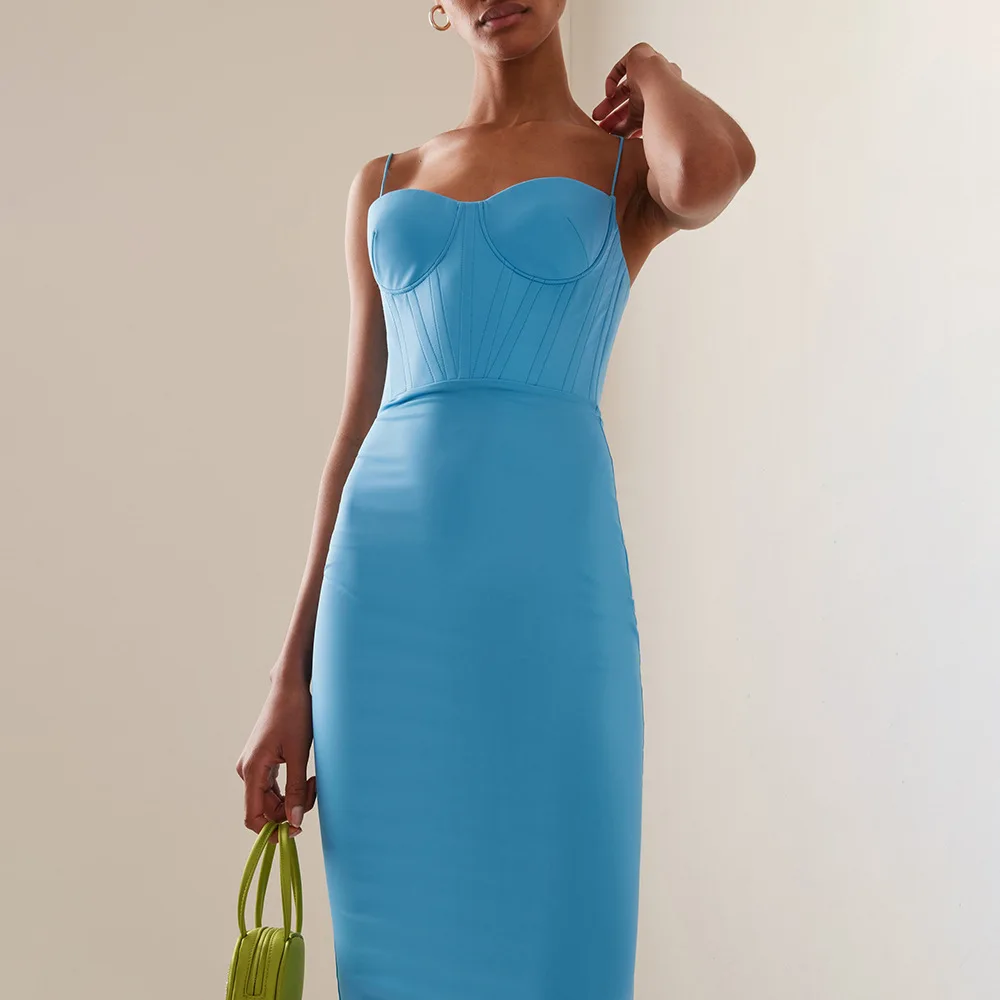 

High Quality 2023 Spring Summer Blue Sexy Bodycon Knee Length Rayon Bandage Dress Evening Party Dress Vestidos