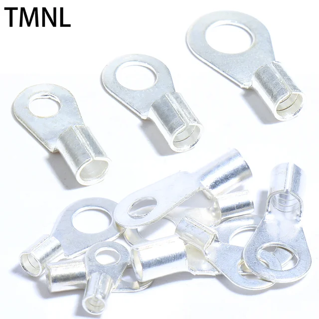 100PCS Cable Wire Crimp OT Non-Insulated Ring Fork O-Type Plated Brass Terminals Wiring Cold Pressed Copper Nose Assortment Kit