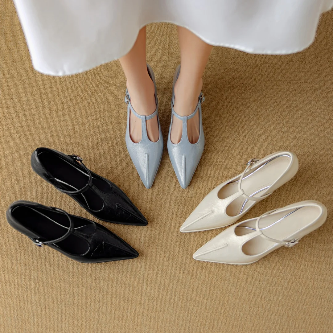 Women's genuine leather pointed toe metal buckle slip-on t-strap pumps elegant ladies 7.5cm thin high heeled daily dress shoes picture