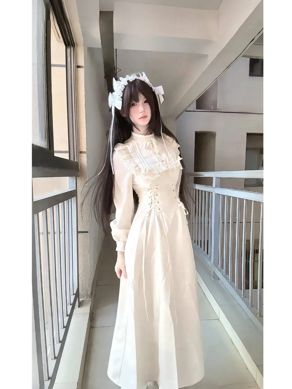 Japanese Style Kawaii Lace-up Midi Dresses Women Princess Party Dress Long Sleeve O-neck High Waist Y2K Gothic Vestidos Mujer