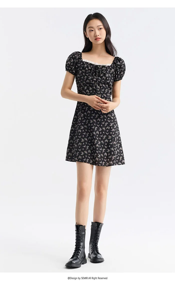 Vestido de mujer con mangas abullonadas y estampado floral de gasa Mori, nuevo vestido de verano con escote cuadrado y cintura corta, divertido