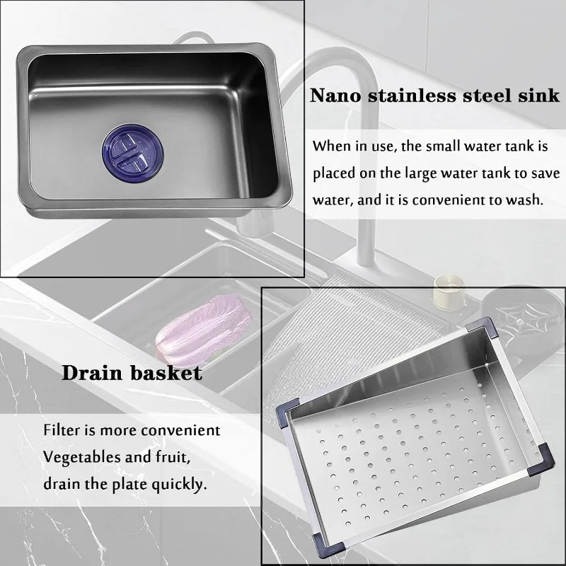 Waterfall Kitchen Sink Black Single Bowl Stainless Steel Bar Sink Undermount of Countertop Installation with Accessories Black 4