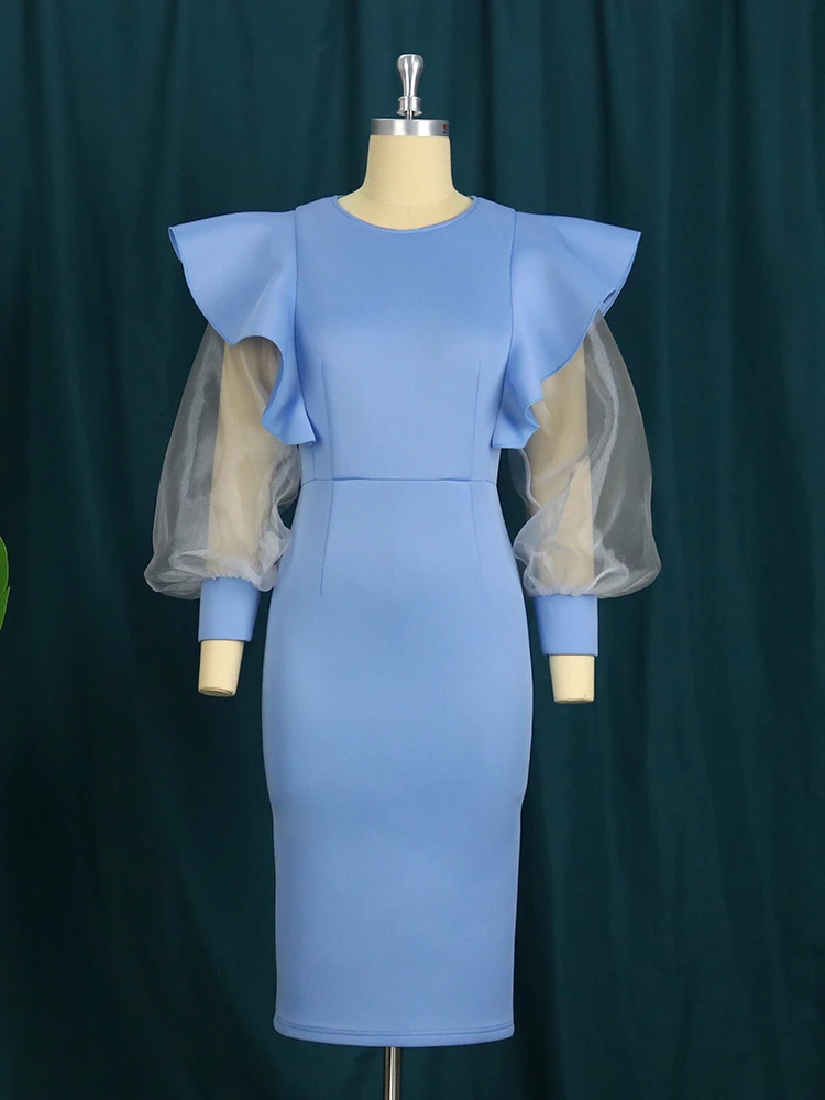 AOMEI Plus Size Ruffle Midi Dresses Women Bodycon O Neck Long Tulle Sleeve Patchwork Party Elegant Robes Christmas Evening Prom